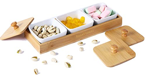Juego de Servir de 3 Piezas - Set de cuencos Snack & Dip Cuencos de Ceramica con Bandeja, Cuencos Aperitivo de Cerámica para Condimentos con Tapa - Para Salsas Snacks Entrantes Postres patatas fritas
