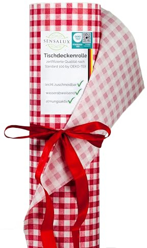 Sensalux LandhausTischdeckenrolle, Karo Rot-Weiß 1,5 m x 25 m | stoffähnliches Vlies, italienischer Landhausstil, abwaschbar, wasserabweisend, Tischdeko für Party Event Catering