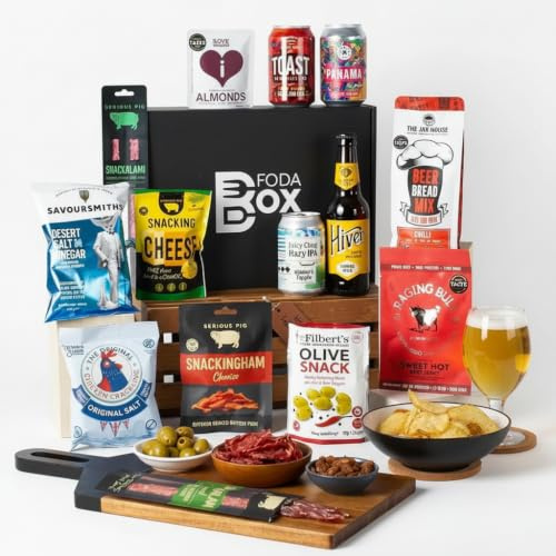 Man Box Beer & Snacks Gift Hamper, 4 Craft Beers 330ml & 9 Snacks | 4 Beers 330ml & 9 Snacks Selection of Crackling, Crisps & Snacking Cheese, Craft Beer Gift Set for Men, Hampers by FodaBox