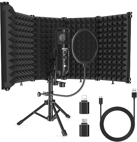 SwaykTech Microphone Studio d’Enregistrement avec Bouclier d’Isolation, Filtre Anti-Pop et Support Trépied Métal, Micro pour PC, Ordinateur Portable, Smartphone, Musique, Chant, Podcast