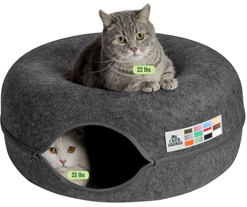 CATTASAURUS Peekaboo Katzenhöhle (Dunkelgrau) für mehrere Katzen & große Katzen, für Katzen bis zu 13.6 kg, Katzenhöhlen für Indoor-Katzen, Katzentunnelbett, waschbar, großes Donut-Katzenbett