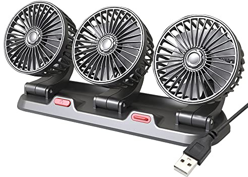 Ventilatore per Auto USB 3 Teste Rotazione 360° 2 Velocità Portatile | Ventola USB a 3 teste con rotazione regolabile, 2 velocità e installazione plug and play per auto, camion e camper