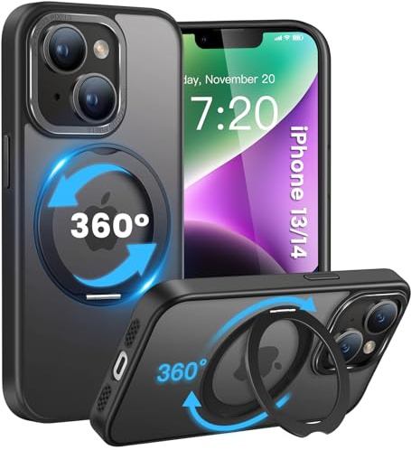 HuwaiH handyhülle für iPhone 13/14 Hülle, [360° Magnetischer Ring Ständer ] [mit Mag-Safe] [Transluzente Matte] Stoßfeste Kratzfeste Schutzhülle für iPhone 13/14 (Schwarz)