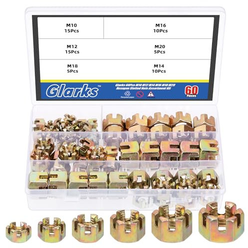 Glarks 60Pcs M10 M12 M14 M16 M18 M20 Hexagon Slotted Nuts Assortment Kit, 6 Size Carbon Steel Hex Castle Nuts for Car Moto Furniture Fasteners Repair
