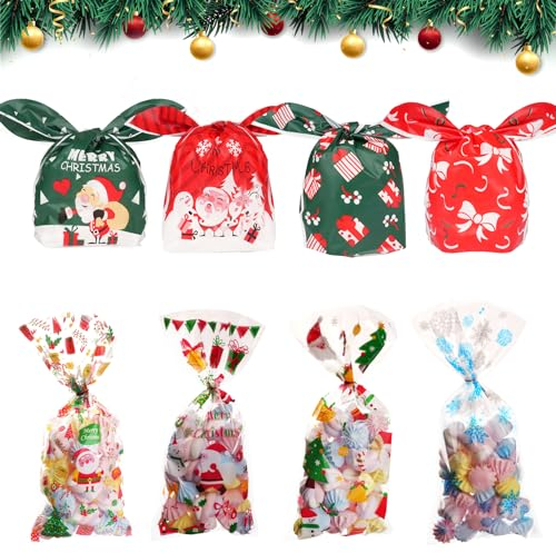 100 Stück Cellophantüten, Weihnachten Süßigkeiten Tüten, Kekse Goody Taschen mit Twist Krawatten, Tütchen Zum Befüllen, Zellophantüten Klein für Plätzchen Kekse Pralinen