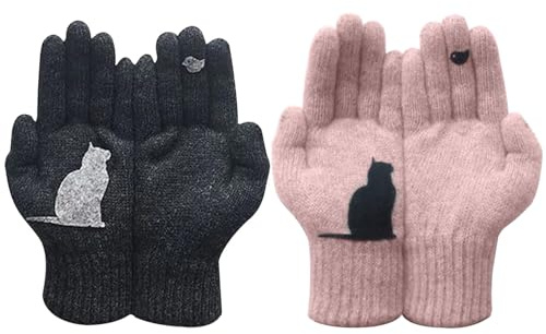 Gant de toilettage pour Chat Gants de Chat Gants de Chat pour Femmes 2 Paires de Gants Mignons en Coton Thermique imprimé Chat et Oiseau pour Les Couples Taille Gants d'hiver tricotés d'extérieur