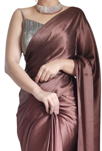 SHOPAZ Dam redo att bära satin silke 1 minut förveckad tung sari bollywood med designer tofsar spets (brun), brun, One Size