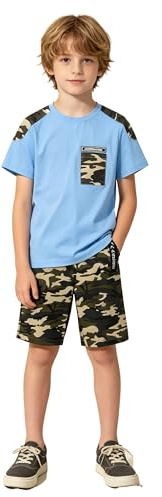 LOLANTA Completo tuta mimetica per bambini, felpa a 2 pezzi e pantaloni cargo, Blu corto, 8-9 anni, 140