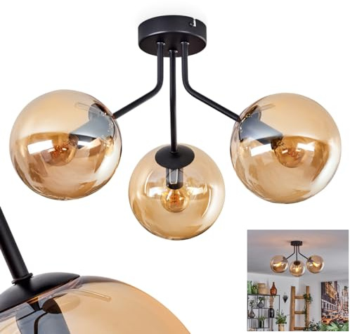 Deckenleuchte Koyoto, Deckenlampe aus Metall/Glas in Schwarz/Bernsteinfarben, moderne Leuchte im Retro/Vintage-Design mit Schirmen aus Glas, Ø 15cm, 3 x E14, Schlafzimmer, Wohnzimmer, Küche, Esszimmer