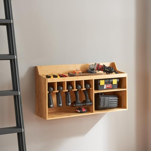 [en.casa] Organizzatore da Parete per Attrezzi Fai da Te Scaffale Porta Attrezzi con Scomparti e Supporto per Utensili Elettrici Mobile da Parete in Bambù Naturale 86 x 25 x 45 cm