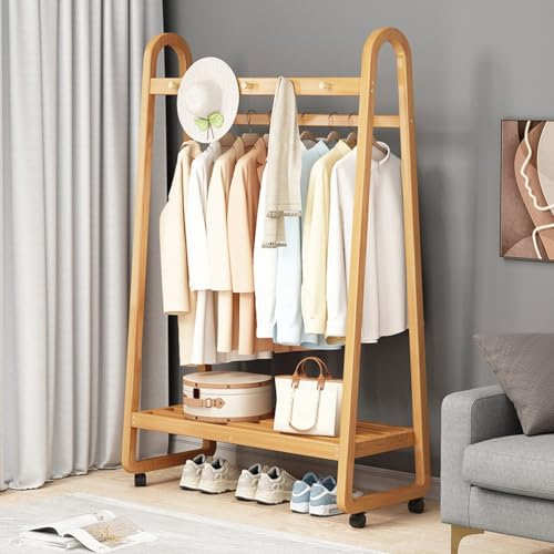 Bamboo Clothes Rail With Storage Shelves, Free Standing Garment Rack On Wheels - Entryway Clothe Coat Rack For Bedroom Hall Foyer Mudroom