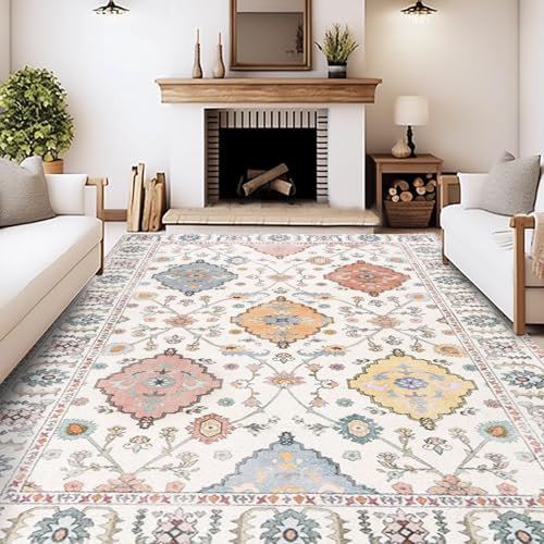 MAST DOO Alfombra de salón lavable 120 x 160 cm – Boho de pelo corto – Alfombra oriental vintage multicolor floral suave antideslizante diseño para dormitorio, comedor, cocina