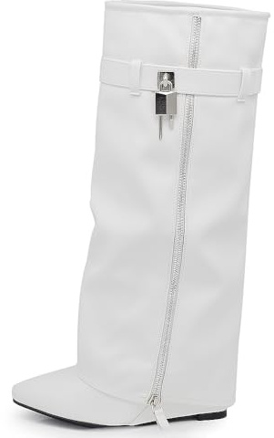 IF FASHION Stivali Alti A Punta Gambale A Ghetta Con Zeppa Zip Cerniera Luchetto Da Donna G690 Bianco N.40