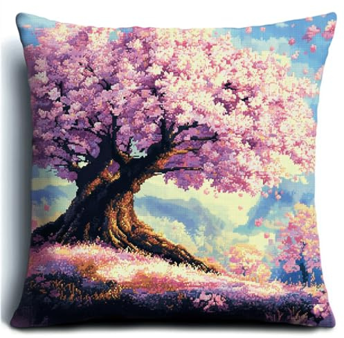 ORLUMY DIY Knüpfkissen Zum Selber Knüpfen Knüpfhaken-Set Mit Rosa Blumenbaum，Anime-Landschaft，Diy-Haken，Gestrickt，Bestickter Teppich，Kissen，Stickerei，Knüpfhaken-Teppich-Set 43x43cm