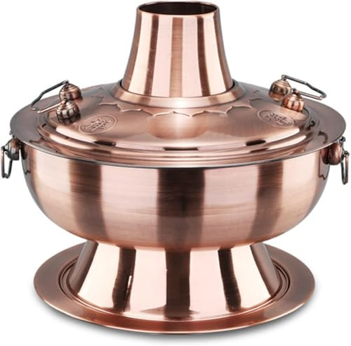 LYDBMYT Traditional Chinese Copper Hot Pot, Charcoal Hot Pot Vintage Copper Shabu Shabu Pot with Chimney Stainless Steel Shabu Hotpot Cooker Soup Pot Cookware for 3-6 People Family Party(36cm)