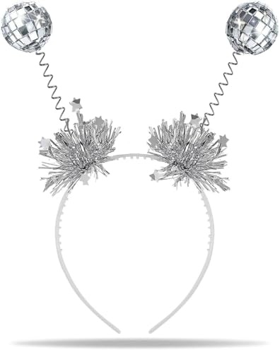 Hatstar Disco Kugel Haarreif in silber | Kopfschmuck mit 2 Spiegel Kugeln | Alien Glitzer Disco Bälle | Accessoire zu Silvester, Neujahr, Fasching & Karneval Kostüm | für Kinder Damen & Herren