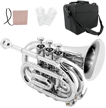 ModouString Bb Pocket Trompete mit Etui, Mundstück, Reinigungstuch, Messing, Musikinstrumente für Schüler und Anfänger (Silber)