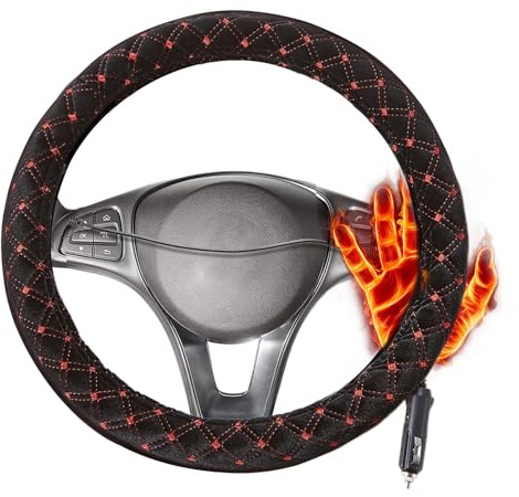 Big Ant 38cm d. Lenkradheizung mit Zigarettenanzünder Beheizbare Auto Lenkradabdeckung,Lenkradhülle 12V, Lenkrad Abdeckung,Universal,Winter,Für Meisten Auto, SUV, LKW,14-15 Zoll -ROT
