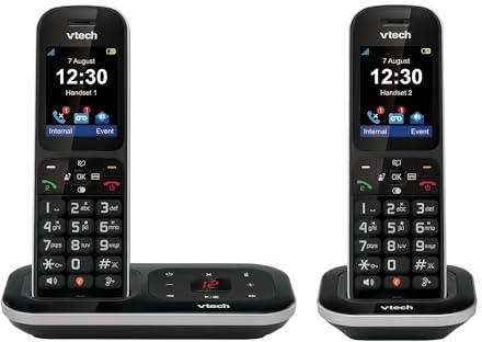 VTech PS1350 Twin DECT Cordless Landline Phone with Answer Machine, Call Blocker, 2.4 Colour Display, Caller ID, Handsfree Speakerphone, 60-Minute Digital Answering Machine, Black