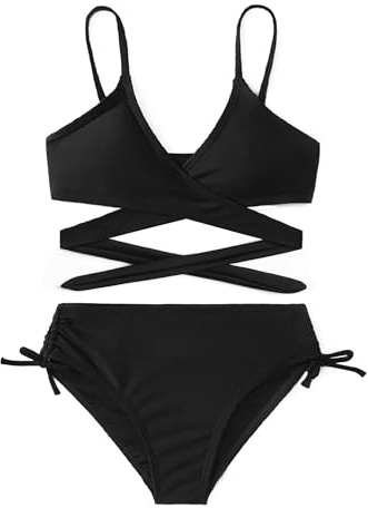 Arshiner Filles Maillots de Bain Bikini Set Maillot de Bain Deux pièces Enfants Criss Cross Bustier & Slip Bikini Triangle Sets pour Enfants Noir 150 11-12 Ans