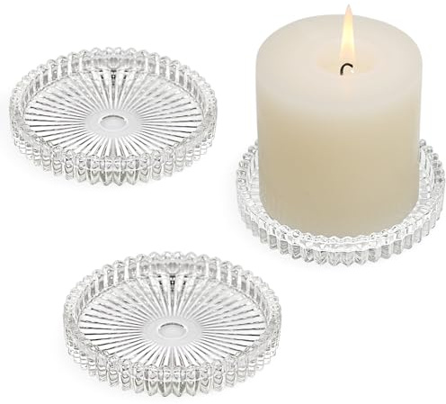 HofferRuffer Glass Candle Holders 3Pcs for Pillar Candles Plates Candlestick Holders for Table Centerpieces,Wedding Party,Christmas (Clear)