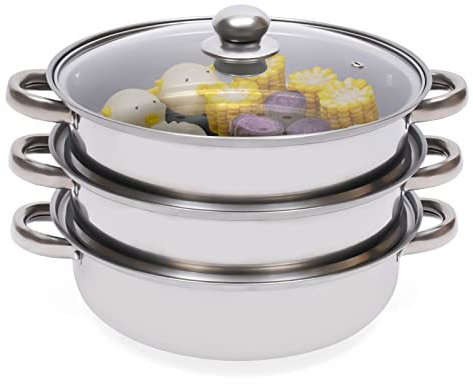 Dampfgarer Topf, Mantowarka Induktion Dampfgarer 28cm, Dampfgarer Edelstahl Gemüsedämpfer mit 1 Pfanne und 2 Dämpfern, Induktion Kochtopf Dampfgarer Dampf Topf für Kochen(3 Etagen)