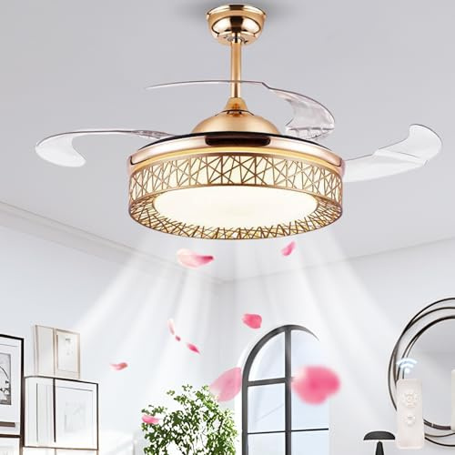 LASANYA Ventilador de techo retráctil con luz, pantalla nido de pájaro, Lampara Ventilador Techo silencioso moderno, aspas de ventilador invisibles, Ceiling Fan with Light para dormitorio-Gold