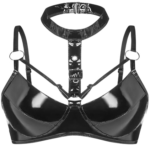 Maeau dam-behå i latex med babydoll-design, sexig crop top-behå med våt look och blank bralette för nattklubb, EU S-XXL (Asien M-3XL), Svart, L