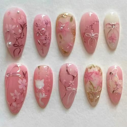 Shimmerz 30 Stück Rosa Blüten Press On Nägel Mittel Mandel Künstliche Pfirsichblüte Mit 3D Strasssteinen Perlen Gold Glitzer Design Künstliche Süße Katzen