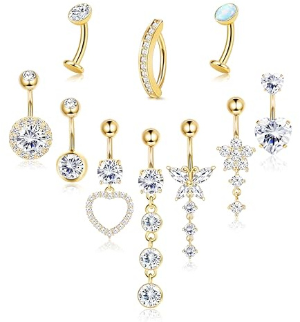 Chriscoco 10pcs 14G Bauchnabelpiercing Gold Chirurgenstahl Bauchnabelpiercing Ring Belly Piercing Bauchnabel Ring CZ Opal Schmetterling Bauchnabel Piercing Hängend