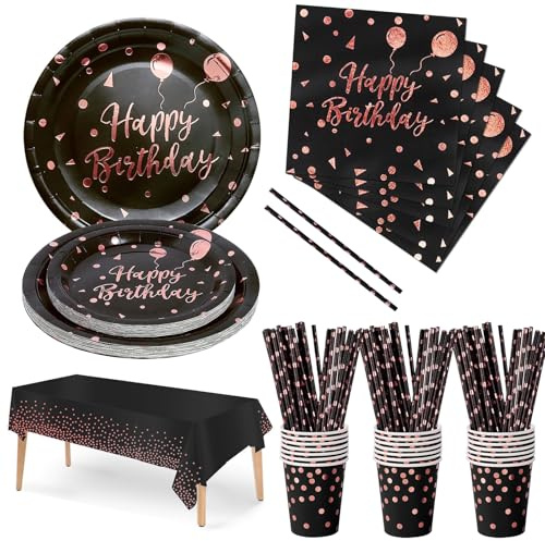 Nkaiso Vajilla de Fiesta Desechable para Cumpleaños 121 Piezas Negro y Oro Rosa Juego de Vajilla de papel de Platos Vasos y Servilletas Artículos de Decoración para Fiestas -24 Invitados