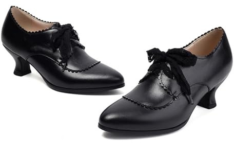 Zapatos de tacón grueso para mujer, estilo romano, estilo retro, con ribete de encaje, Negro , 38 EU