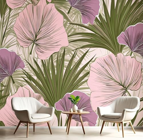 Papier Peint Panoramique Feuilles Monstera Élégantes Poster Intissé Geant Mural 3D 200×150cm Photo Mural Feuilles Palmier Vintage Wallpaper pour Chambre Salon Personnalisé XL Décoration Murale Rose