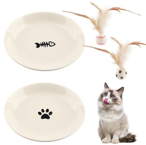 Katzennapf Keramik 2er, Rutschfestes Futternapf Katze mit Silikonbasis, Katzennapf Flach für Nass- & Trockenfutter, Whiskerfreundlicher Katzen Näpfe mit 2 Spielbällen, Napf Katze Weiß