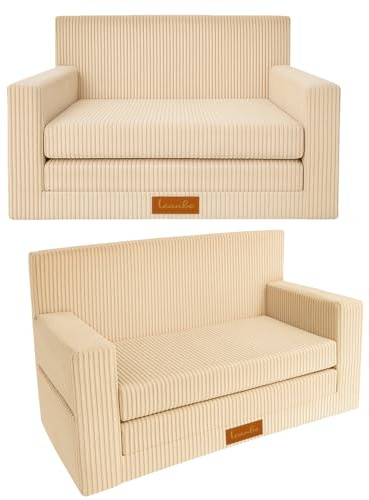 Leanbe 3in1 Kindersofa, Cord Spielsofa, Schlafsofa und Klappsofa, Personalisierbar, EU-Herstellung, (Beige)