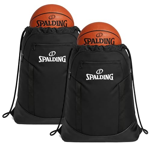 Spalding Drawstring Backpack Sports Bag, Black Waterproof Gym Bag Cinch Sack with Separate Shoe and Ball Holder, for Travel, Basketball, Sports, 4 Pack