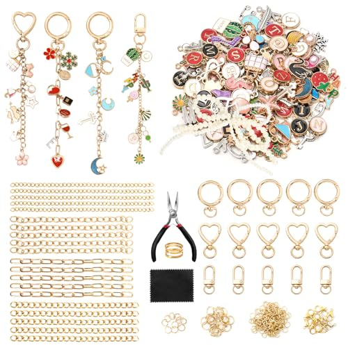 ASTNIC 316 Pezzi Set fai da te per Creazione di Portachiavi, Kit Completo con 117 Ciondoli per Gioielli, Anelli Portachiavi, Pinza e Catene, Accessori per Borse, Charms per Smartphone, Regalo Amica