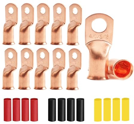 12Pcs 4/0 AWG 5/16(M8) Stud Heavy Duty Copper Wire Lugs with 12Pcs Heat Shrink Tubing 4/0 Gauge Battery Cable Ends Ring Terminals Bare Copper Eyelets Tubular Ring Terminal for Car Boat Marine