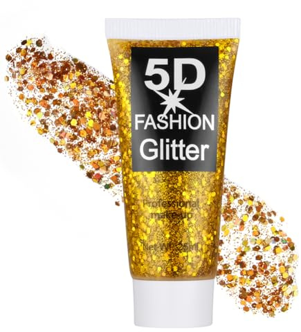 AYBUY Body Glitter gel, festival, glitter, ansikte, 25 ml, paljetter chunky glitter, flytande gel, sjöjungfrupaljetter gnistrande för ansikte, hår, läppar, naglar, smink, kosmetika, festival (guld)