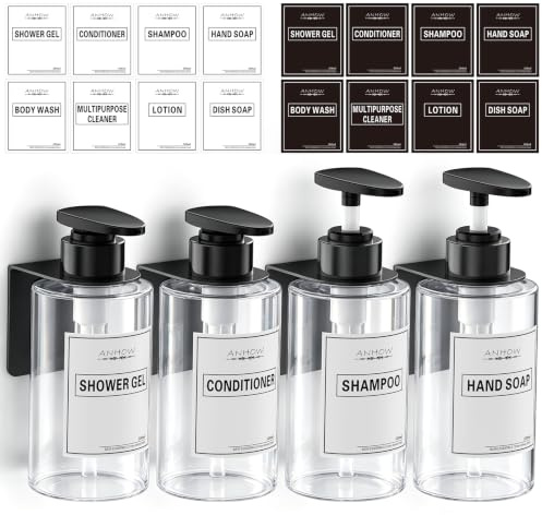 Anhow 4 st tvåldispenser för vägg, tvåldispenser 300 ml plast schampo dispenser duschgel diskmedel dispenser och 6 st vattentäta flasketiketter - transparent