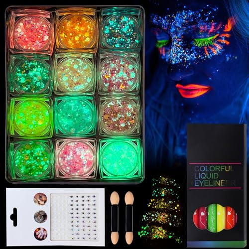 Body Glitter,12 Glitzer Gesicht,Gesichtsglitzer,Karneval Körperglitzer,Fluoreszierendes Chunky Sequin und 6 Eyeliner,Sequins Chunky Glitters Kit,für Nägel Augen Lippen Haare Körper