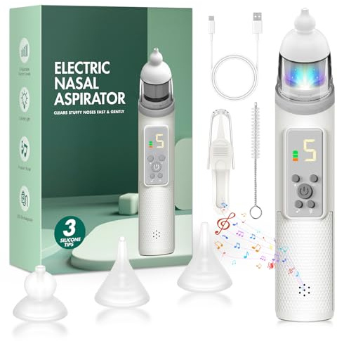 Aspiratore Nasale, Aspiratore Nasale Elettrico Ricaricabile, 5 Livelli di Potenza di Aspirazione, Regolabile con 3 Puntali Morbidi in Silicone, Musica Integrata e Luce Rilassante