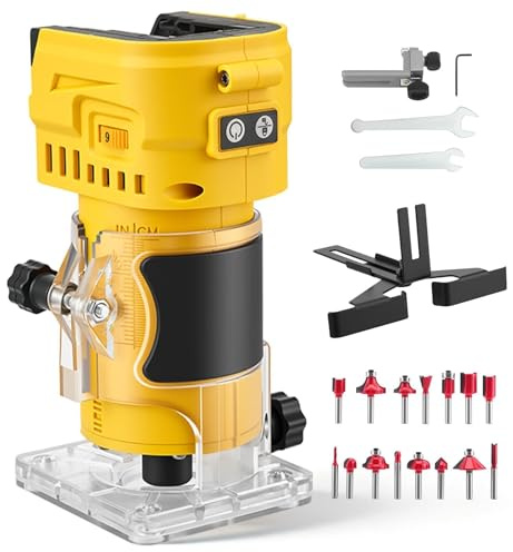 Fresadora de Madera Inalámbrica Compatible con Dewalt 20V, Rebajadora Brushless 1300W, Router para Carpintería con 6 Velocidades, 15 Brocas, Guía Recta, Rueda Guía y Conducto de Polvo