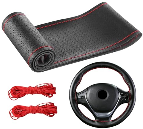 WUFKOP Funda para Volante de Coche Cosida a Mano, Cubierta de Piel con Perforación Completa y Costura Roja para Diámetro 38 cm, Kit de Instalación DIY para Conducción Cómoda y Segura