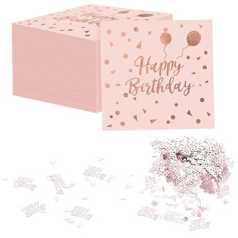 40 tovaglioli Happy Birthday, 33 x 33 cm, in oro rosa, tovaglioli di carta per compleanni, feste, con coriandoli da 10 g, in tessuto di alta qualità, simili per anniversari, compleanni, feste