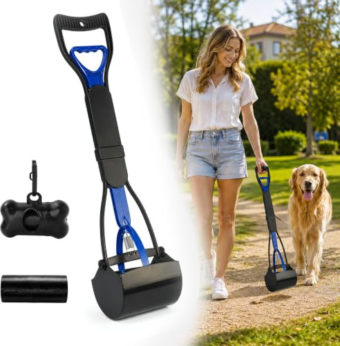 Shyllin Ramasse crotte pour Chien, Pelle à crotte pour Chien 80 cm Pliable (Bleu) | Poignée ergonomique, ramassage hygiénique sans se baisser, avec sacs à déjections et distributeur, pour chiens et chats