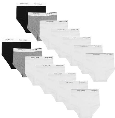 Fruit of the Loom Big Tag Free Cotton Briefs (Assorted Colors), Boys – 14 Pack – Black/White/Grey, Small
