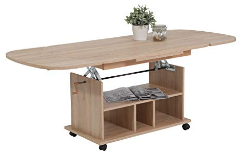 Hela Tische, Funktionscouchtisch Babsi, Holzwerkstoff melaminbeschichtet, Sonoma Eiche, höhenverstellbar 53-63cm, ausziehbar 107-157cm, auf Rollen