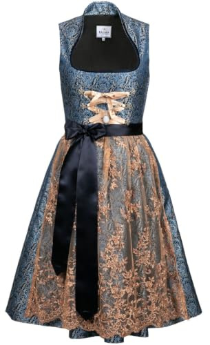 Edelnice Trachtenmode Exclusivo diseño Midi cuello alto tirolesa Estelle incluye delantal de encaje y charivari, tallas 32-54, azul oscuro, 44