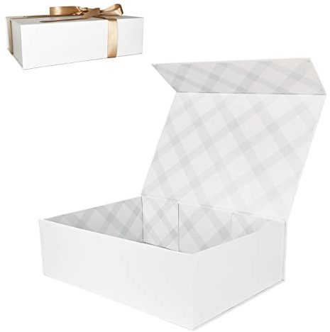 Tekhoho White Large Gift Box 33x23.7x10 cm, Premium Present Box with Magnetic Lid and Ribbon for Holidays Wedding Birthday Gift Packaging, Plaid Lining